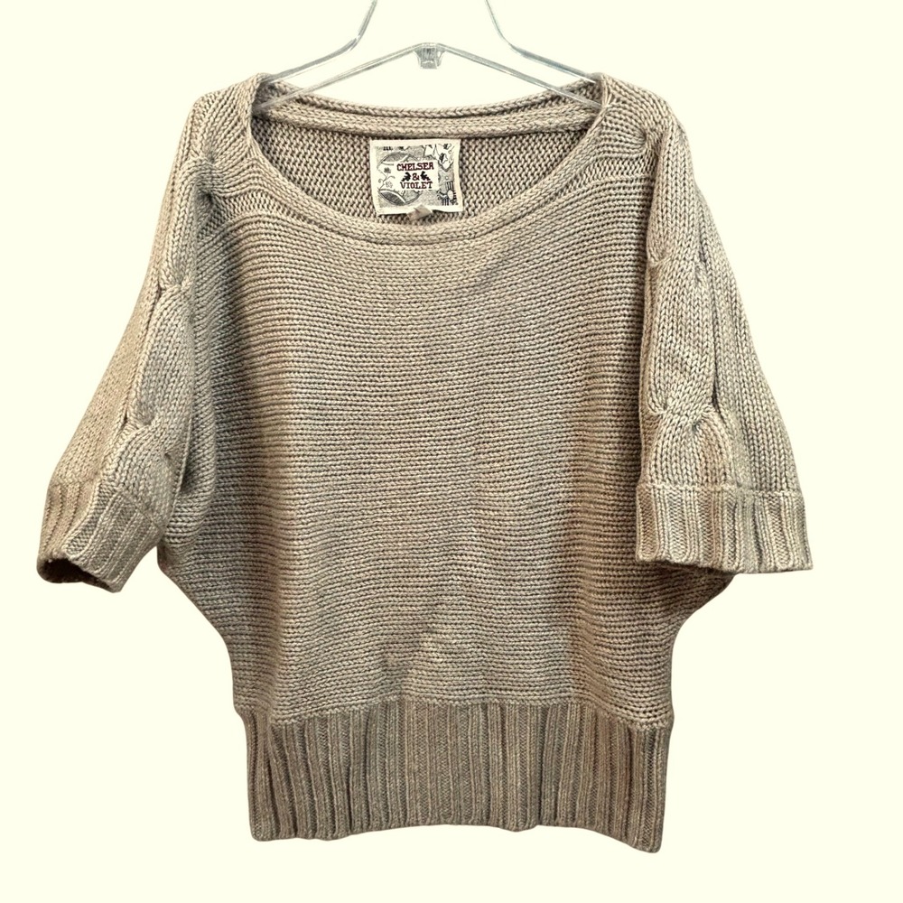 Chelsea & Violet Taupe Wool Blend Cable Knit‎ Dolman Short Sleeve Sweater Small